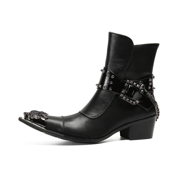 Men Western Cowboy Punk Handmade Pointed Iron Toe with Chains 6.5CM High Heel Ankle Boots  -  GeraldBlack.com