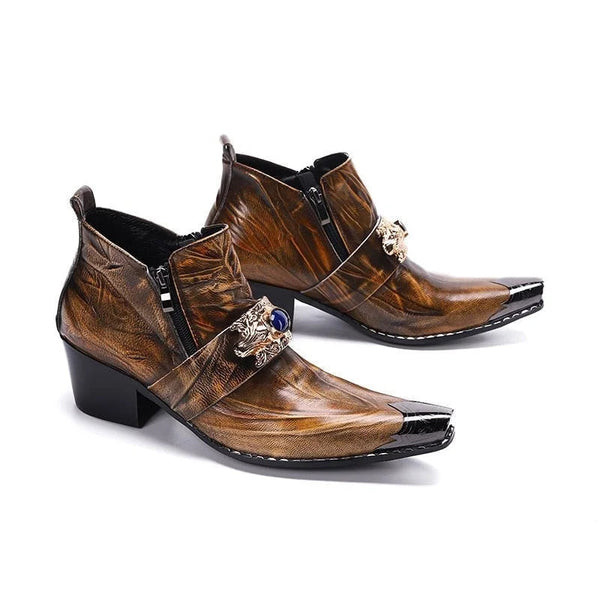 Men Western Zip 6.5cm High Heels Pointed Iron Toe Brown Leather Ankle Boots EU38-46  -  GeraldBlack.com