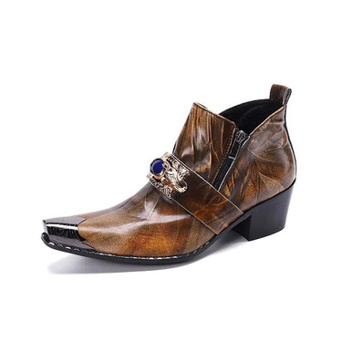 Men Western Zip 6.5cm High Heels Pointed Iron Toe Brown Leather Ankle Boots EU38-46  -  GeraldBlack.com