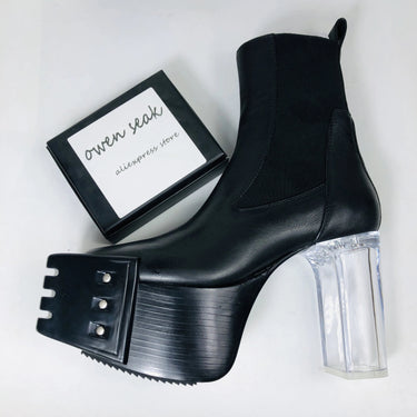 Men Women Genuine Leather High Heels Luxury Trainers Autumn Platform Chelsea Kiss Boots High-TOP Black Shoes  -  GeraldBlack.com