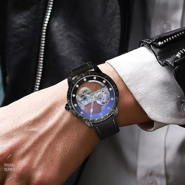 Mens Skeleton Design Luxury Luminous Automatic Self-Wind Leather Mechanical Watches  -  GeraldBlack.com