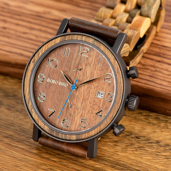 Mens Watch Quartz Wristwatches Chronograph Date Show Best Gift In Wood Box  -  GeraldBlack.com