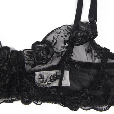 Mesh Women Sexy Lingerie Plus Size 3 Piece Bra Set See Through Underwire Garter Belts Embroidery Underwear Brief Thin  -  GeraldBlack.com