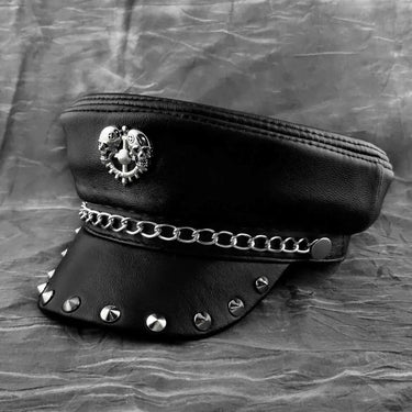 Metal Rivet Studded Skull Mens Genuine Leather Biker Punk Rocker Military Cap Hat  -  GeraldBlack.com