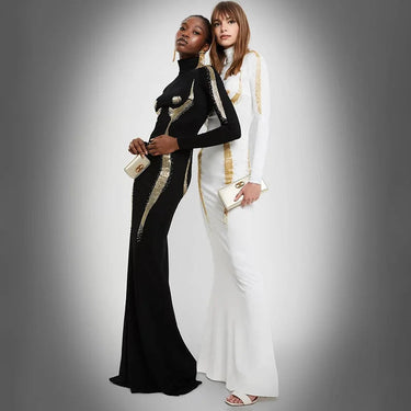 Metallic 3D Body Print Black Elegant Turtleneck Long Sleeve Maxi Evening Dresses Women Fall Winter  -  GeraldBlack.com