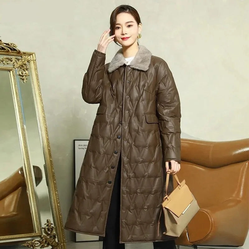 Mink Collar Warm Down Women Sheepskin Leather Long Winter Coats Jacket  -  GeraldBlack.com