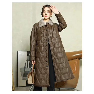 Mink Collar Warm Down Women Sheepskin Leather Long Winter Coats Jacket  -  GeraldBlack.com