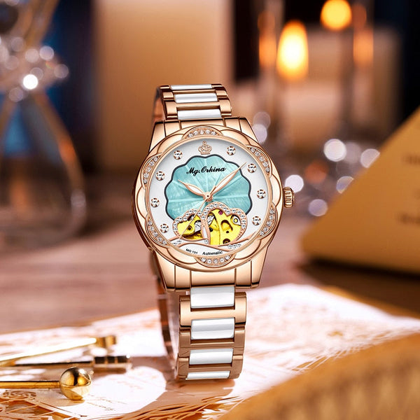 Montre Femme Waterproof Women Luxury Diamond Design Imitation Ceramic Strap Automatic Mechanical Watch  -  GeraldBlack.com