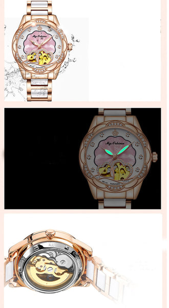 Montre Femme Waterproof Women Luxury Diamond Design Imitation Ceramic Strap Automatic Mechanical Watch  -  GeraldBlack.com