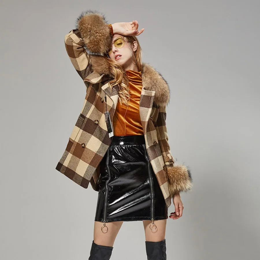 Natural Real Raccoon Fur Collar Removable Cuffs Women Plaid Woolen Winter Coat Outerwear  -  GeraldBlack.com