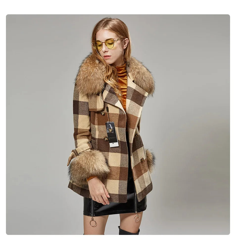 Natural Real Raccoon Fur Collar Removable Cuffs Women Plaid Woolen Winter Coat Outerwear  -  GeraldBlack.com
