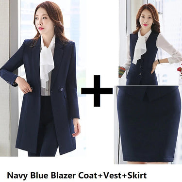 Navy Blue Autumn Winter Formal Women Business Office Work Wear Vest Blazer Skirt 3pcs Suit  -  GeraldBlack.com