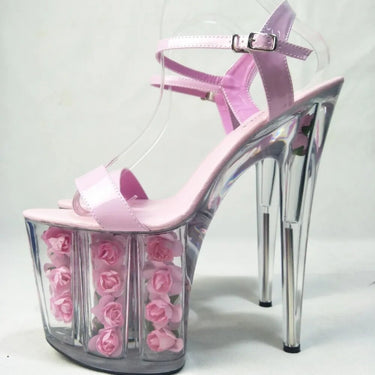 Noble pink roses decorated transparent 20cm high heels wedding pumps  -  GeraldBlack.com