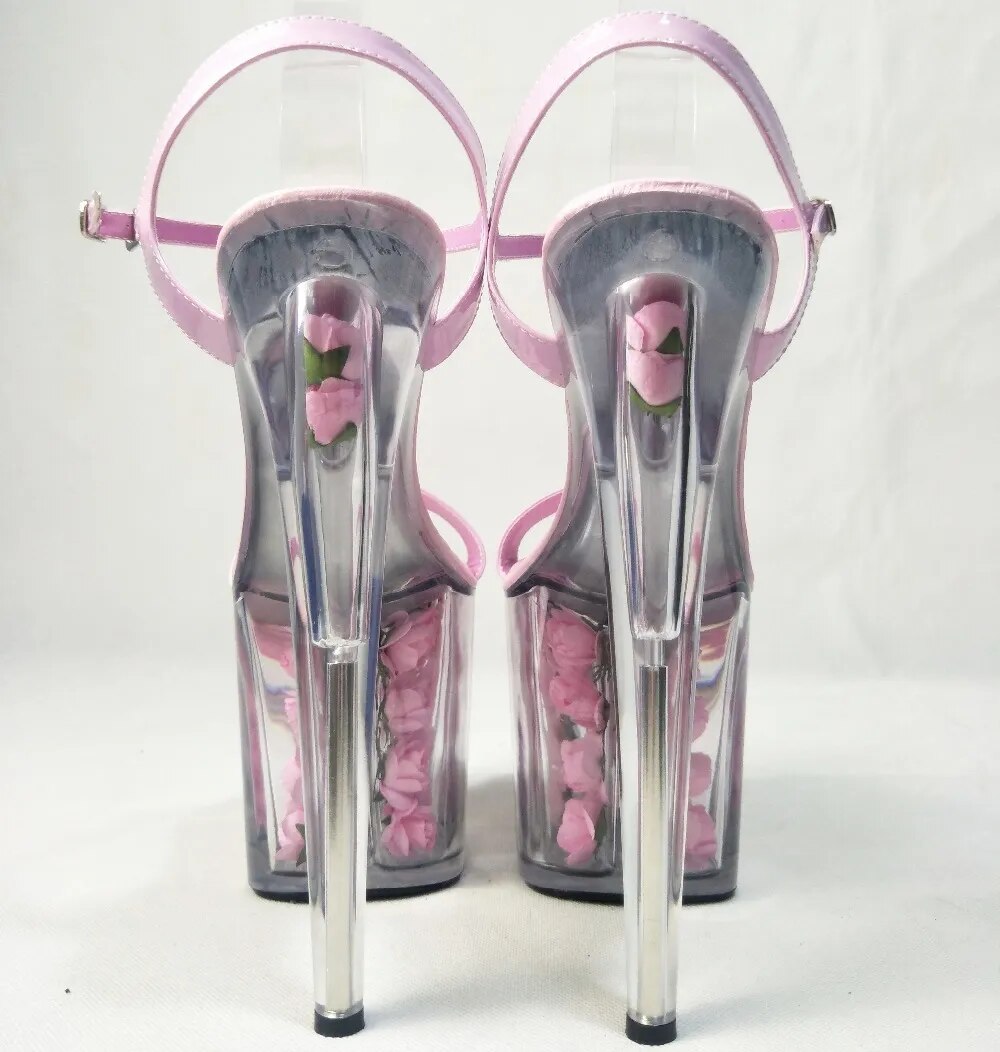 Noble pink roses decorated transparent 20cm high heels wedding pumps  -  GeraldBlack.com