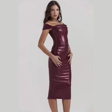Off Shoulder Sexy Winter Leather Bodycon Pencil Long Dresses for Women Party Nightclub Outfits  -  GeraldBlack.com