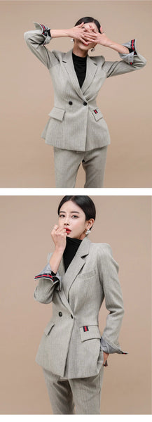 Office Women 2 Piece Outfits Suits Elegant Temperament Striped Double Breasted Tops Coat Blazer Suit Lady Formal Pants Slim Sets  -  GeraldBlack.com