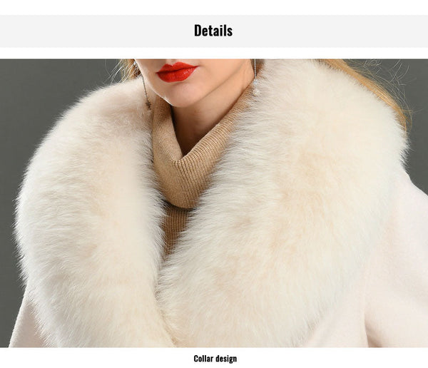 Peach Women Natural Fox Fur Collar Cashmere Wool Blends Long Winter Outerwear Streetwear  -  GeraldBlack.com