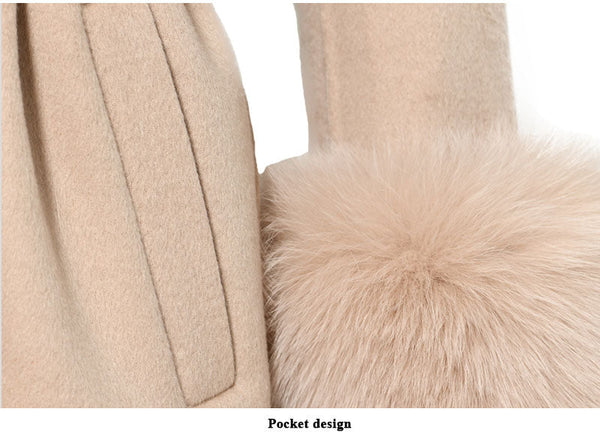 Pink Women Natural Fox Fur Collar Cashmere Wool Blends Long Winter Outerwear Streetwear  -  GeraldBlack.com