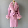 Pink Women's Double Faced Winter Slim Long Wool Cashmere Real Fox Fur Collar Cuffs Coat Outerwear  -  GeraldBlack.com