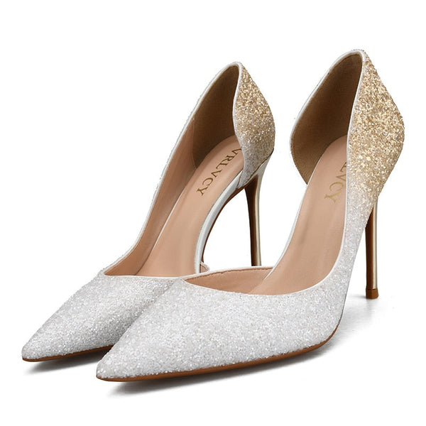 Plus size 34-46 Sexy Women 10cm Ultra High Heels Pumps Pointed Toe Gold Glitter Wedding Shoes  -  GeraldBlack.com