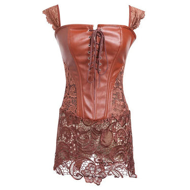 Plus Size  5XL Sexy Dark Gothic Leather Aesthetic Brown Lace Patchwork Corset Bustier Top Lingerie  -  GeraldBlack.com