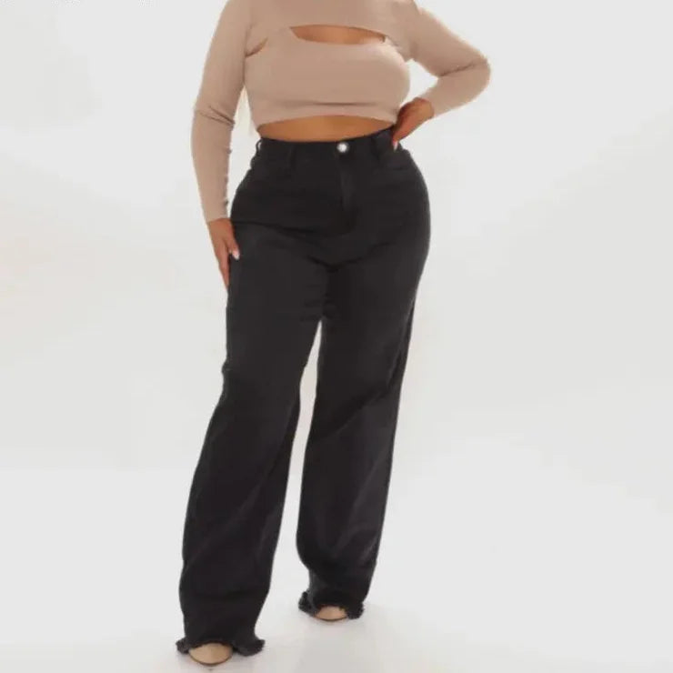 Plus Size Black Gray 4XL Women Fringe Hem Floor Length Denim Wide Leg Jeans Trousers Mopping Pants  -  GeraldBlack.com