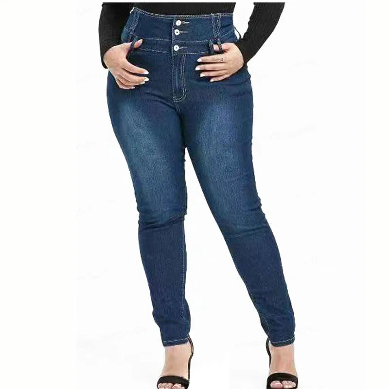 Plus Size Button Up Slim Full Length 4XL 5XL Women High Waist Stretch Thin Denim Skinny Jeans  -  GeraldBlack.com