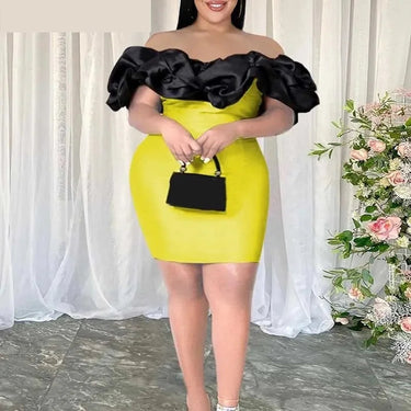 Plus Size Color Blocking Puff Off The Shoulder Bodycon Mini Dresses 4XL Summer Women Sexy Party Club Outfits Evening Ball Gowns  -  GeraldBlack.com