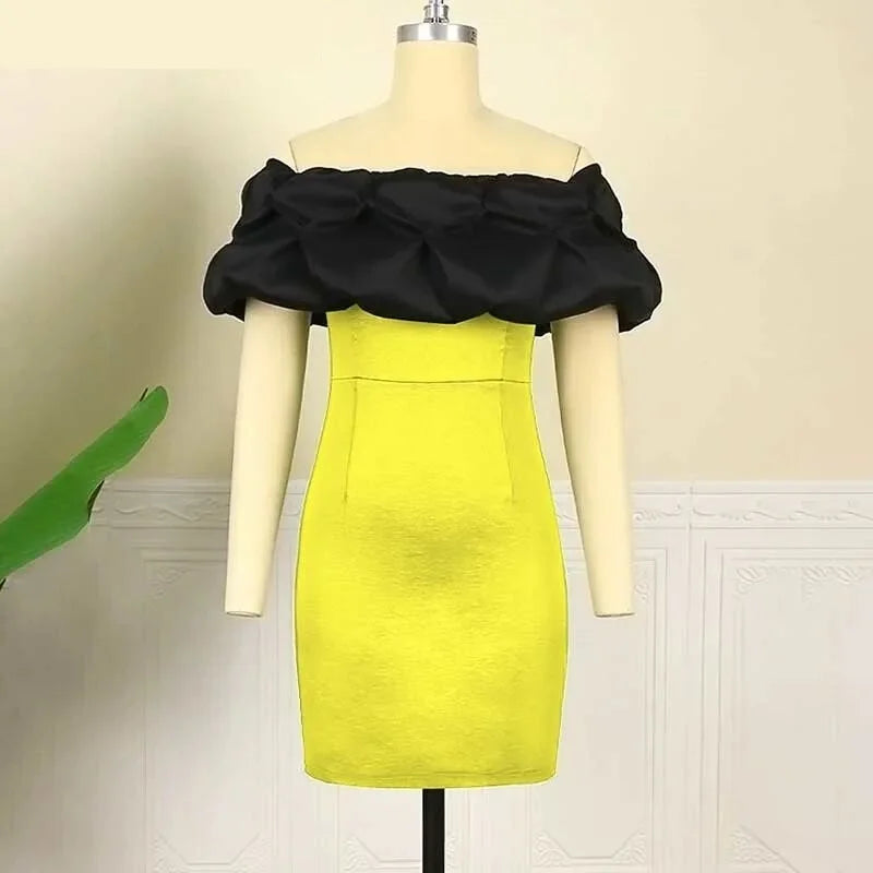 Plus Size Color Blocking Puff Off The Shoulder Bodycon Mini Dresses 4XL Summer Women Sexy Party Club Outfits Evening Ball Gowns  -  GeraldBlack.com