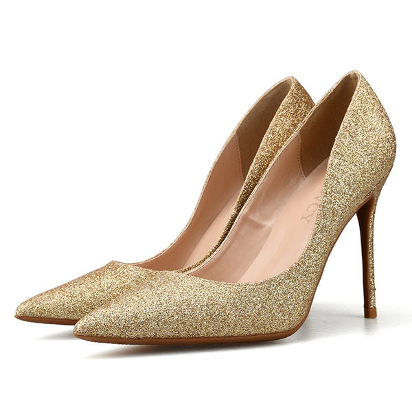 Plus Size High Heels 10cm Sexy Dress Party Stiletto Slip On Gold Silver Wedding Pumps Shoes  -  GeraldBlack.com