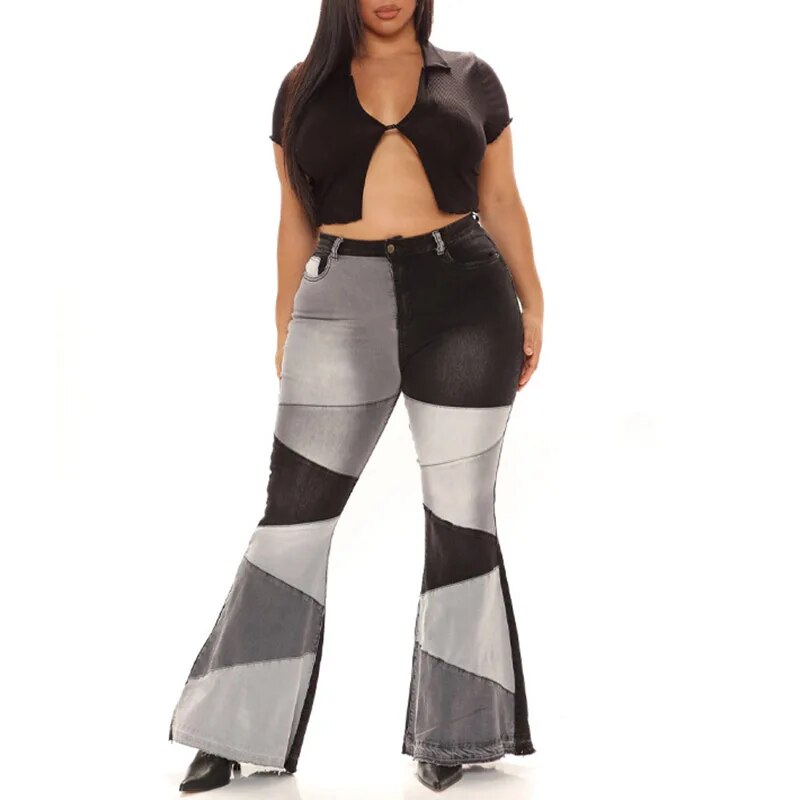 Plus Size High Waist Contrast Patchwork Tight Wild Chi Wid Leg Elastic Skinny Bell Bottoms Grunge Flared Jeans Pants  -  GeraldBlack.com