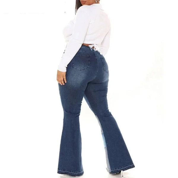Plus Size High Waist Contrast Patchwork Tight Wild Chi Wid Leg Elastic Skinny Bell Bottoms Grunge Flared Jeans Pants  -  GeraldBlack.com