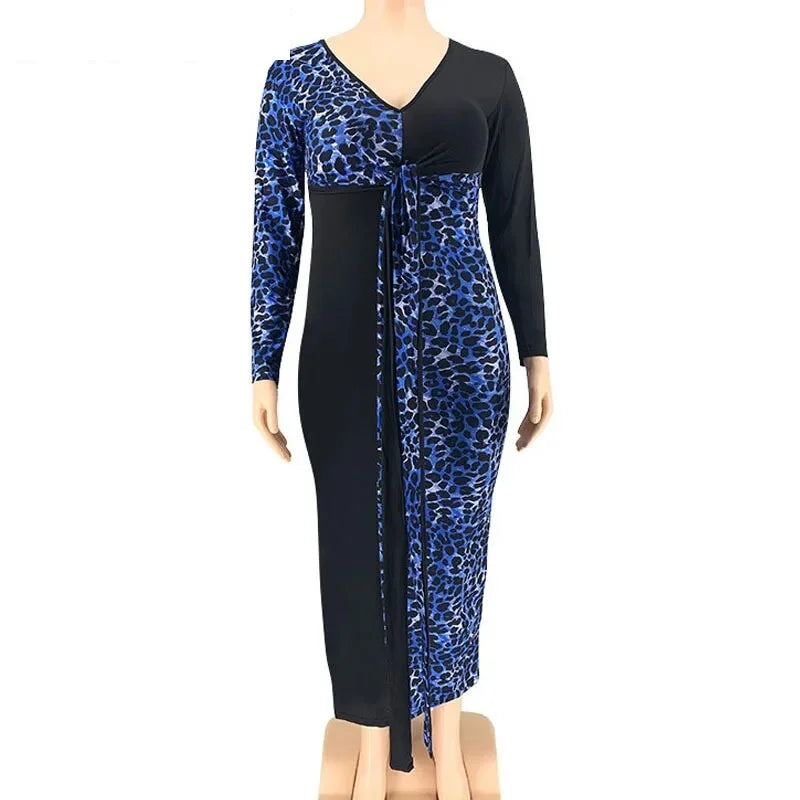Women's Leopard Patchworked V Neck Sashes Long Sleeved Bodycon Dress GeraldBlack.com Women's Leopard Patchworked V Neck Sashes Long Sleeved Bodycon Dress GeraldBlack.com