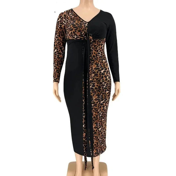 Plus Size Leopard Patchworked V Neck Sashes Bodycon Long Sexy Long Sleeve Belted Evening Birrthday Party Bandage Dress  -  GeraldBlack.com
