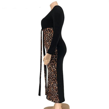 Plus Size Leopard Patchworked V Neck Sashes Bodycon Long Sexy Long Sleeve Belted Evening Birrthday Party Bandage Dress  -  GeraldBlack.com