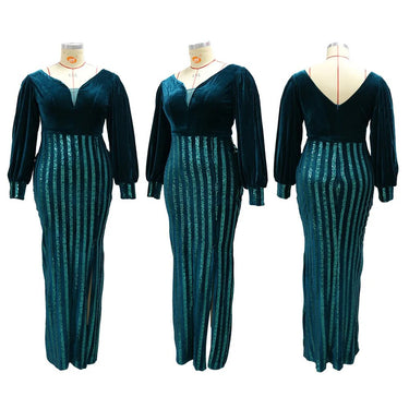 Plus Size Long Lantern Sleeve Backless Sequin Willon Green Long Maxi Dress 4XL Sheer Mesh Hollow Out  Split Party Club Dresses  -  GeraldBlack.com