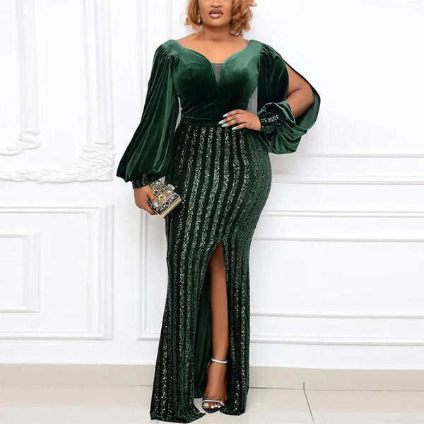Plus Size Long Lantern Sleeve Backless Sequin Willon Green Long Maxi Dress 4XL Sheer Mesh Hollow Out  Split Party Club Dresses  -  GeraldBlack.com