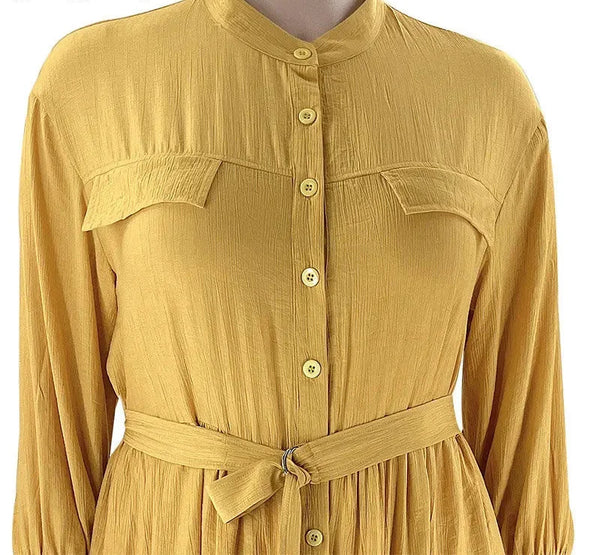 Plus Size Pockets Stand Collar Belted Shirt Dress 4xl Street Women Lapel Long Sleeve Pleated Smock A-line Sundress Robe Vestidos  -  GeraldBlack.com