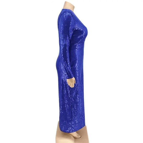 Plus Size Robe Argent V Neck Sequins Long Sleeve High Waist Split Sequined Bodycon Evening Club Wrap Dress Gowns  -  GeraldBlack.com