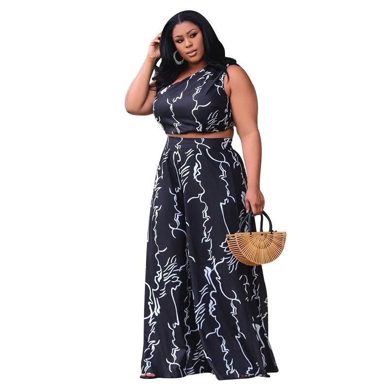 Plus Size Sexy One Shoulder 4xl Summer Abstract Art Print Crop Tops Loose Wide Leg Long Two Pieces Suits  -  GeraldBlack.com