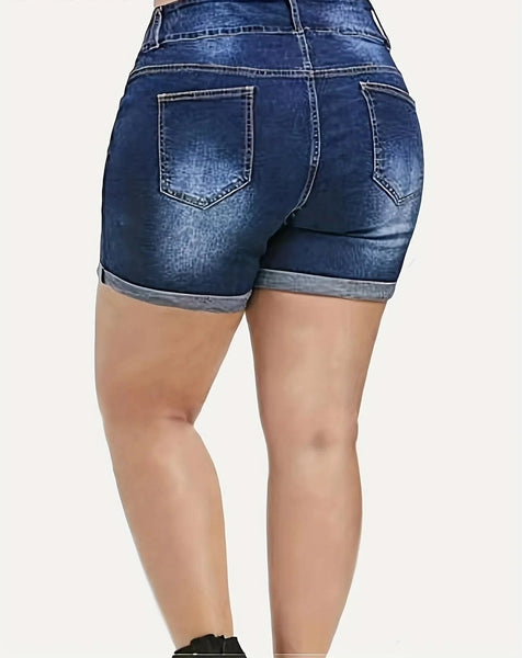 Plus Size Streetwear Push Up Slim Hip Cuffed Summer Korean Holes Women Ripped Casual Denim Shorts  -  GeraldBlack.com