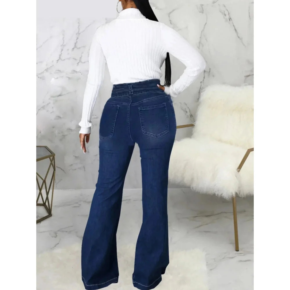 Plus Size Striped Patchwork 4XL Spring Double-breasted Mid Waist Splice Bell Bottoms Flare Jeans  -  GeraldBlack.com