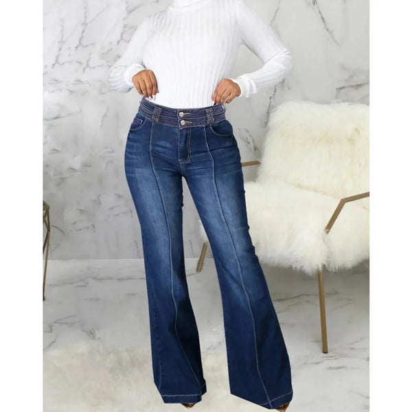 Plus Size Striped Patchwork 4XL Spring Double-breasted Mid Waist Splice Bell Bottoms Flare Jeans  -  GeraldBlack.com