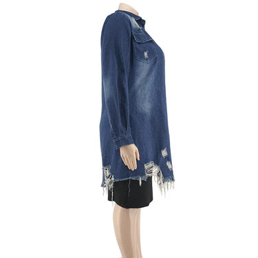 Plus Size Vintage Ripped Mid Long Sleeve Denim Women Streetwear Pockets Blue Loose Jeans Coat  -  GeraldBlack.com