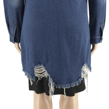 Plus Size Vintage Ripped Mid Long Sleeve Denim Women Streetwear Pockets Blue Loose Jeans Coat  -  GeraldBlack.com