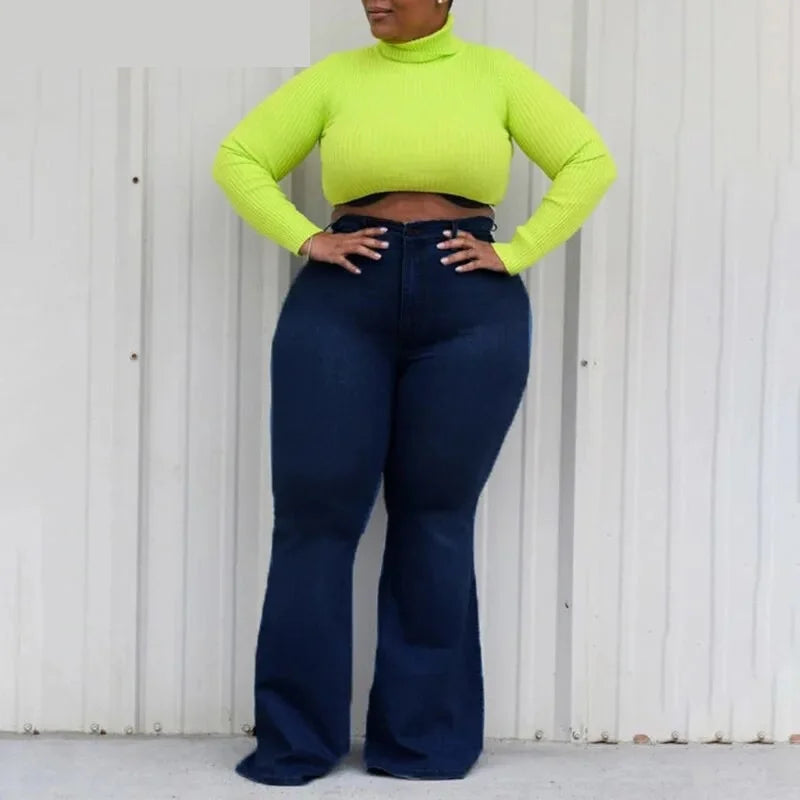 Plus Size Wide Lge Super Stretchy 4XL High Waisted Matching Slim Fit Skinny Denim Bell Bottoms Flare Jeans  -  GeraldBlack.com