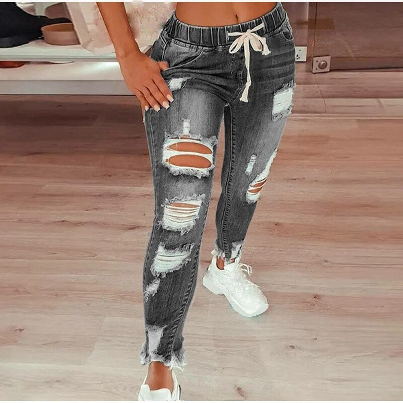 Plus Size Women European and American Style Ripped Skinny Jeans for Teen Girls  -  GeraldBlack.com