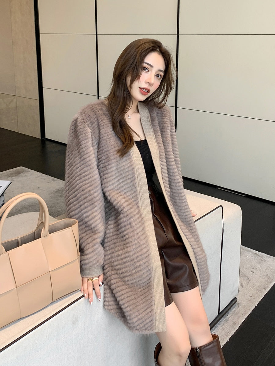 Plus Size Women's Natural Real Mink Fur Fashion Knitted Winter Warm Thick Clothes Jacket  -  GeraldBlack.com