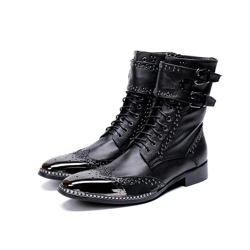Pointed Metal Tip Black Genuine Leather Combat Knight Boot for Men  -  GeraldBlack.com