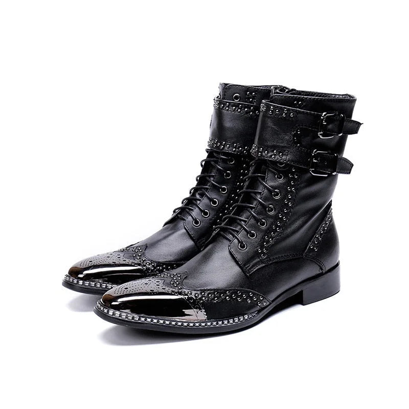 Knight Tip Toe Men's Western Genuine Leather Pointed Metal Tip Knight Ankle Boots ...